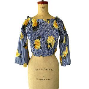 Speed Limit Women's Smocked Floral Striped Cropped Blouse Bell Sleeve L